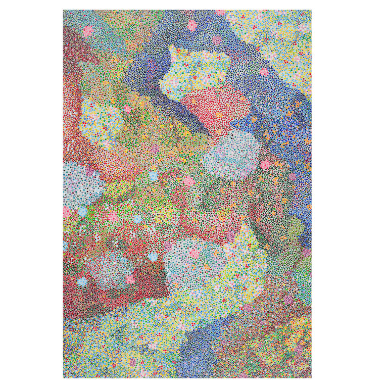 Abstract pointillist painting featuring a dense, vibrant composition of intricate dot patterns in a wide spectrum of colors, including red, blue, green, yellow, and pink, creating a chaotic yet harmonious visual effect.