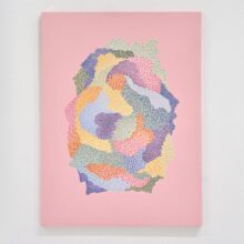 Abstract pointillist painting on a pink background with colorful organic shapes, created using vibrant pastel tones like blue, green, orange, pink, and purple, perfect for modern abstract art lovers.